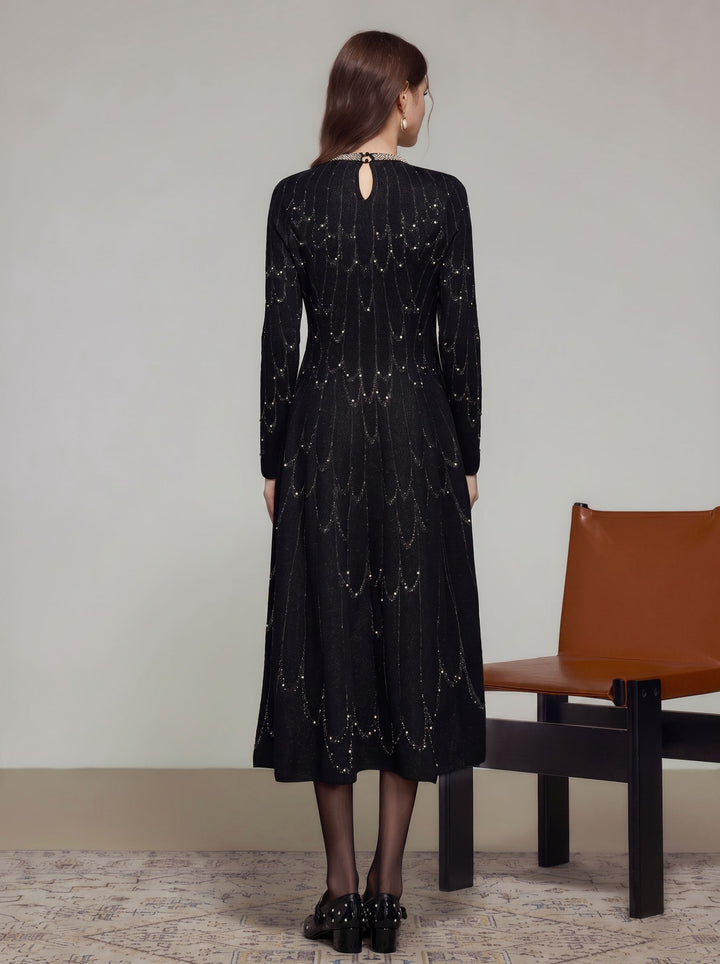 Embellished Beaded Long Sleeve Midi Dress