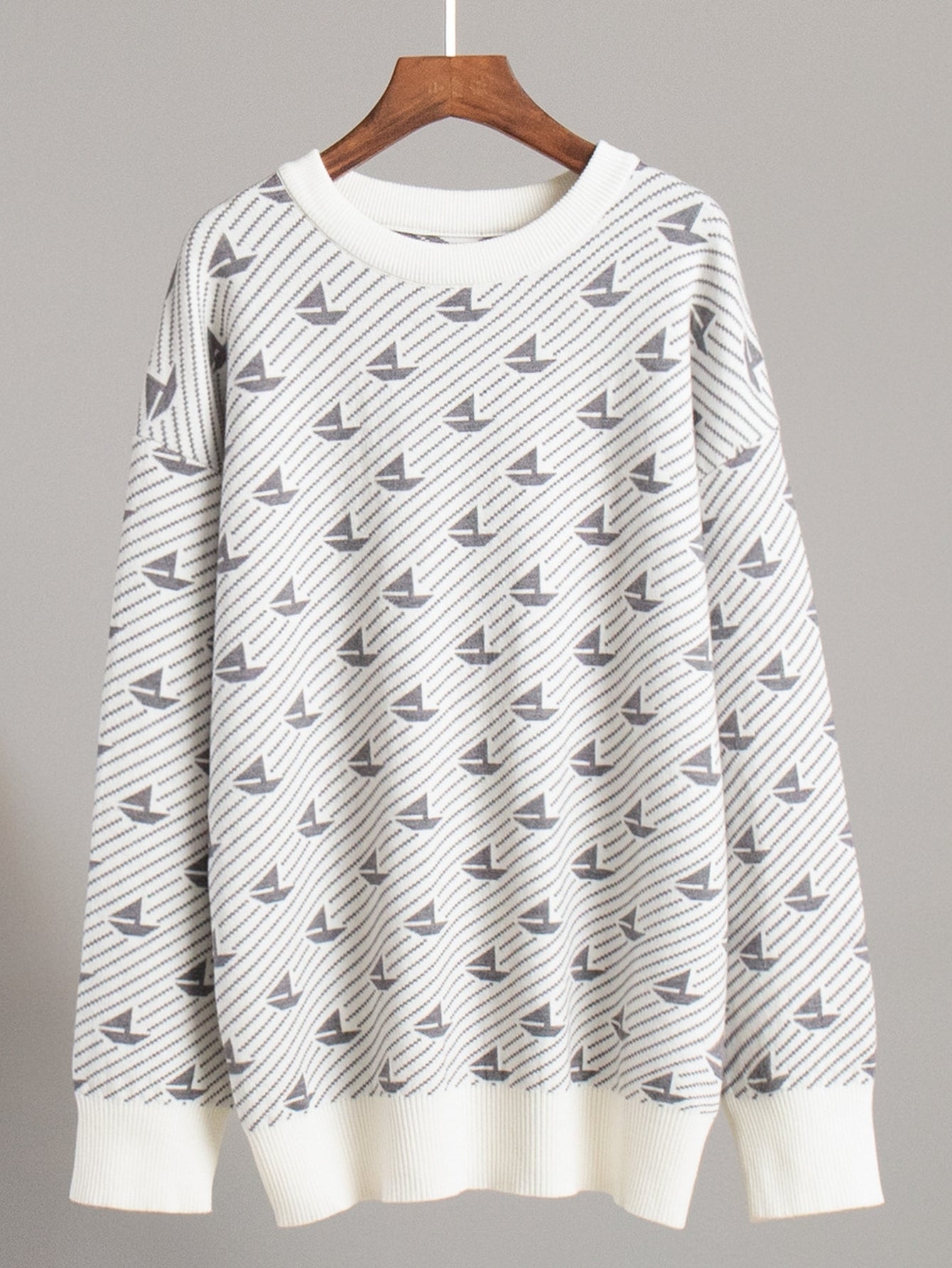 Oversized Boat Print Crewneck Sweater