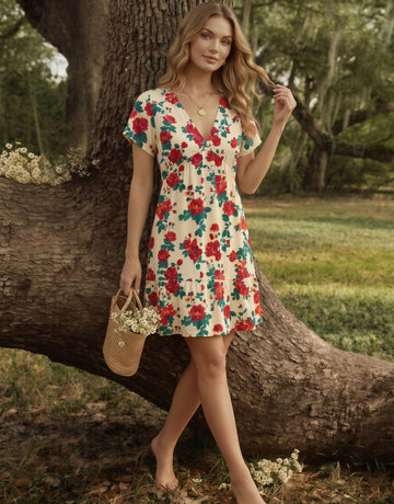 EVA Vintage Red Rose V Neck Tiered Babydoll Mini Dress