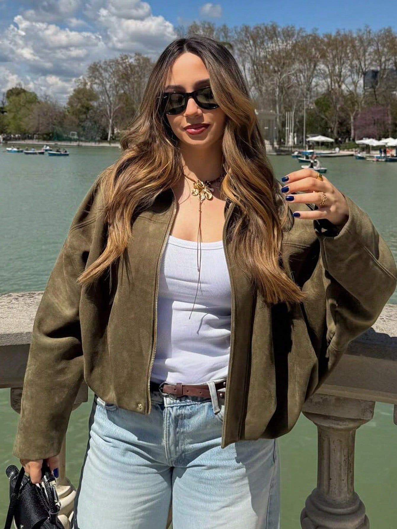 Oversized Cropped Black Bomber Jacket