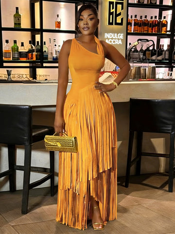 One Shoulder Fringed Maxi Dress