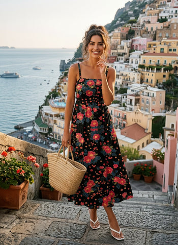 FLORA Floral Print Tiered Strap Midi Dress