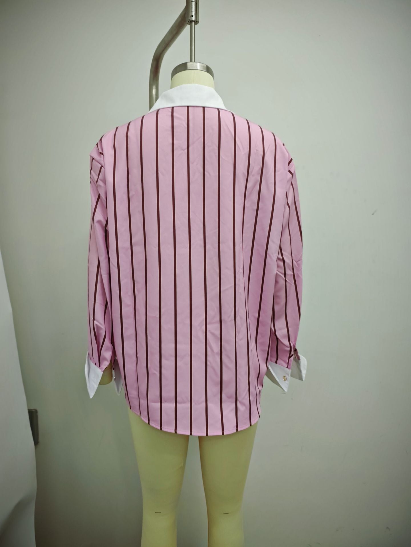 Oversized Striped Contrast Collar Button Down Shirt