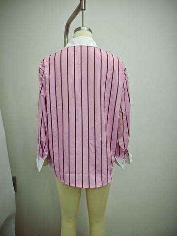 Oversized Striped Contrast Collar Button Down Shirt