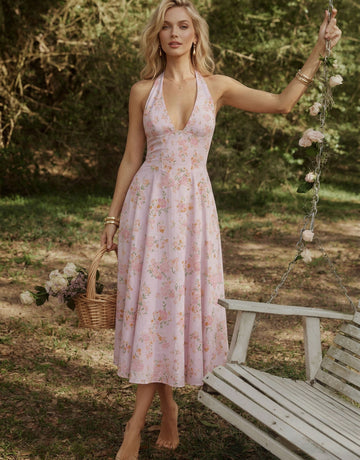 AURELIA Floral Print Halter Neck Tie Back Midi Dress