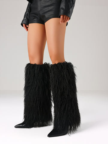 Furry Overlay Pointed-Toe Knee-High Edgy Boots-Black