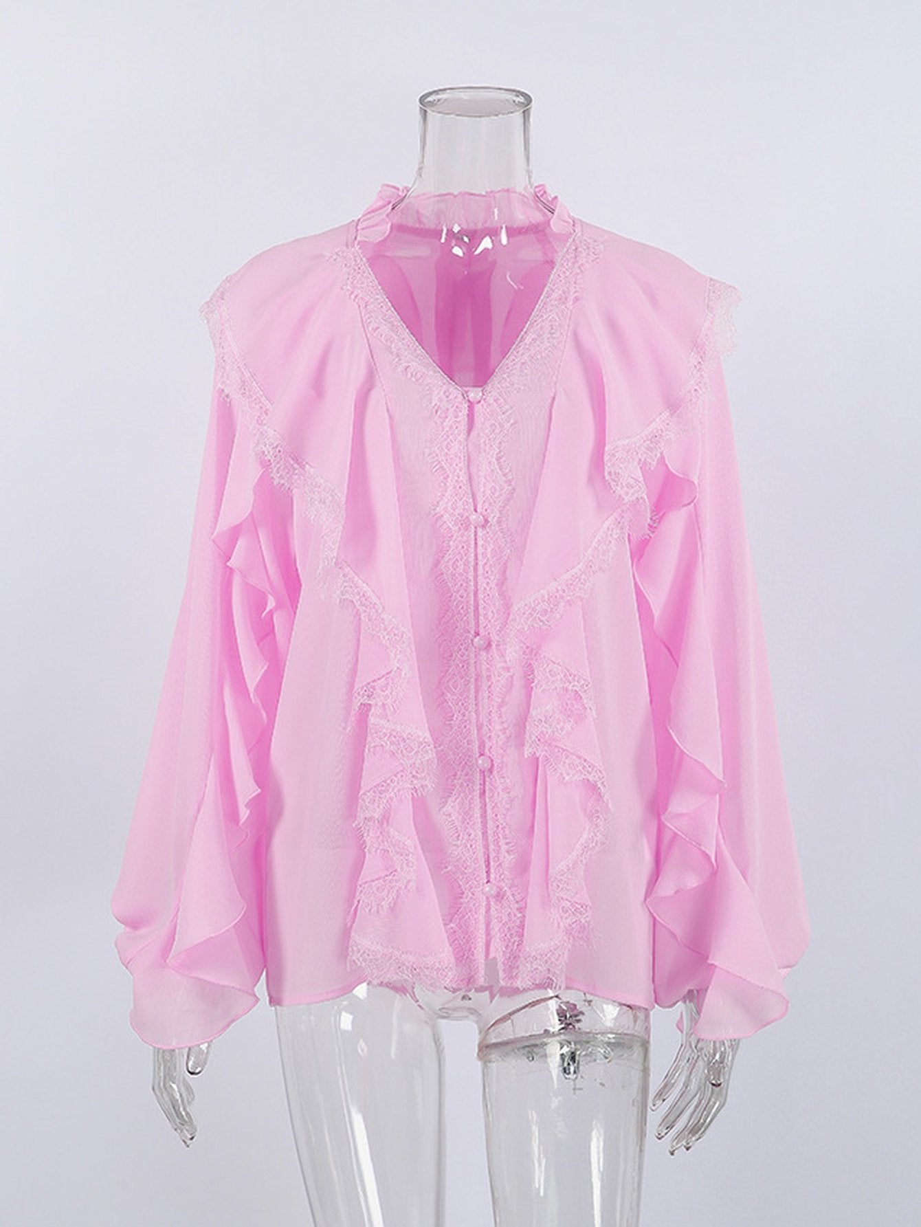 Ruffle Trim Lace Button Down Shirt