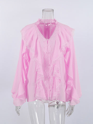 Ruffle Trim Lace Button Down Shirt