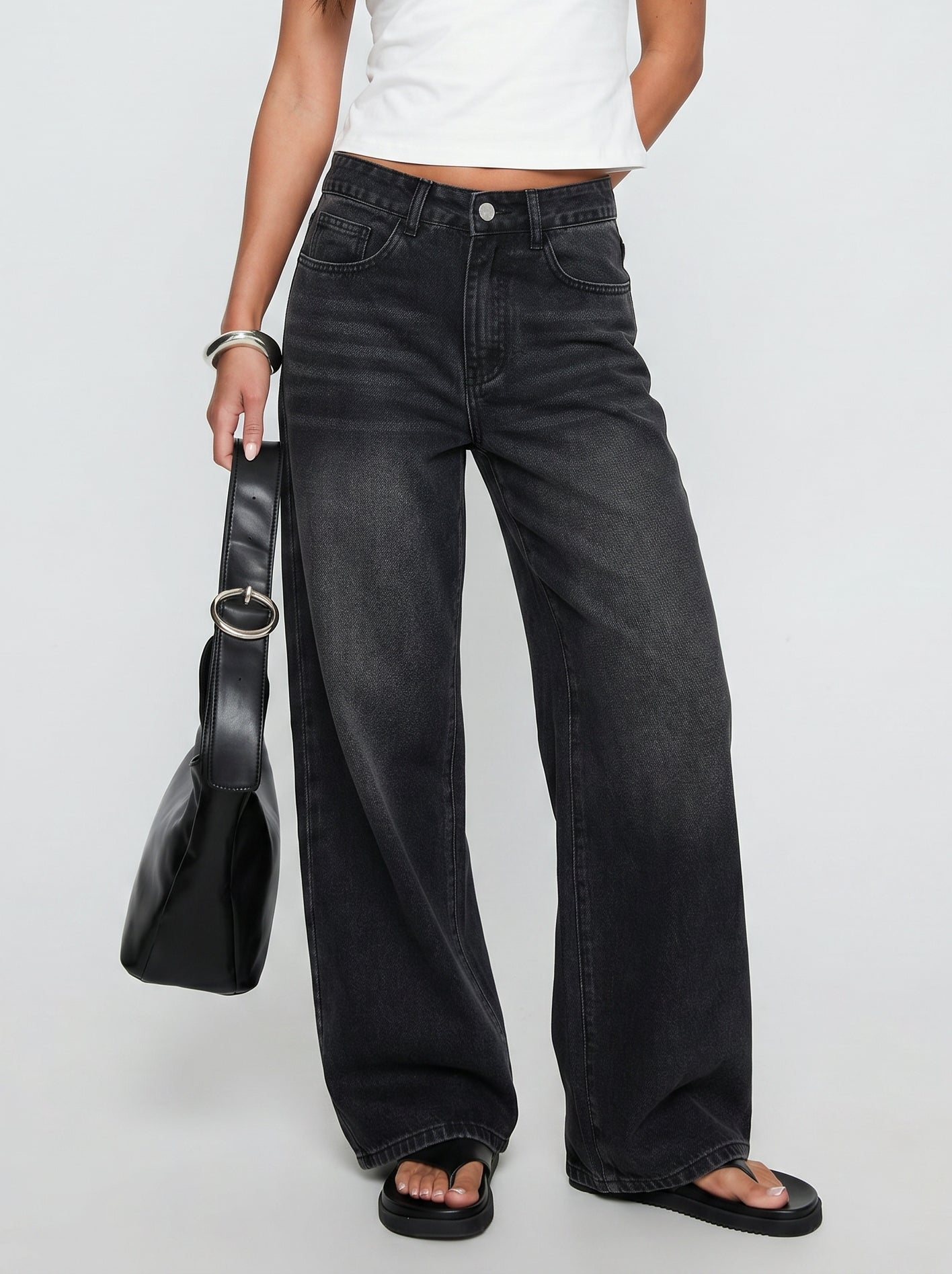 High Rise Washed Black Wide Jeans