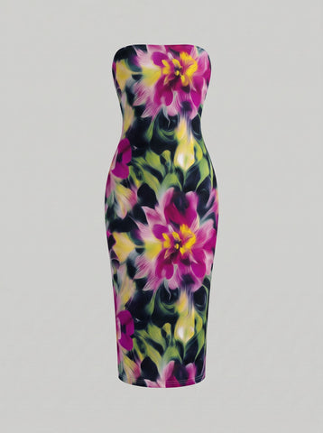 MAIA Floral Print Strapless Sheath Midi Dress