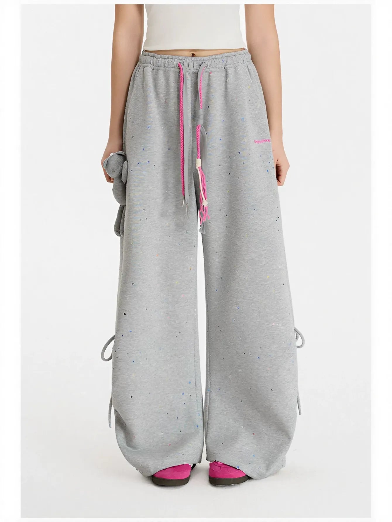 Drawstring Splatter Print Wide Leg Pants