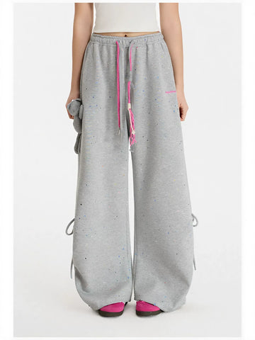 Drawstring Splatter Print Wide Leg Pants