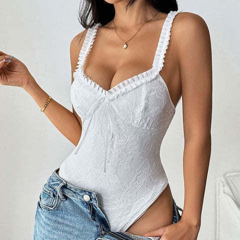 Ruffle Trim Bow-Front Lace Sweet Casual Bodysuit