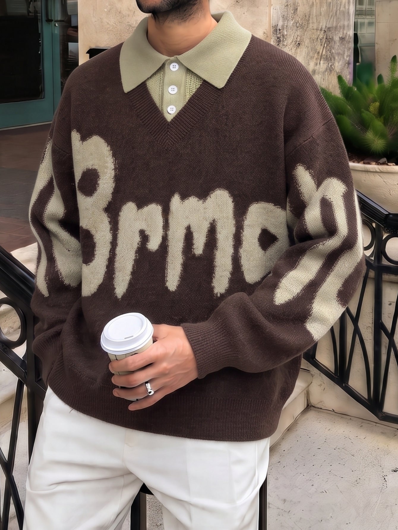 Oversized Graphic Collared Knit Pullover