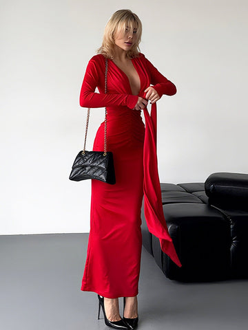 Plunging Neckline Ruched Maxi Dress