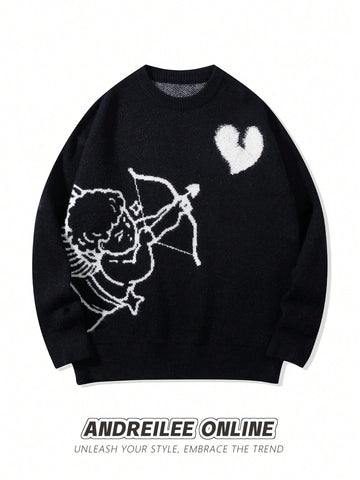 Cupid Graphic Heart Print Oversized Crewneck Sweater