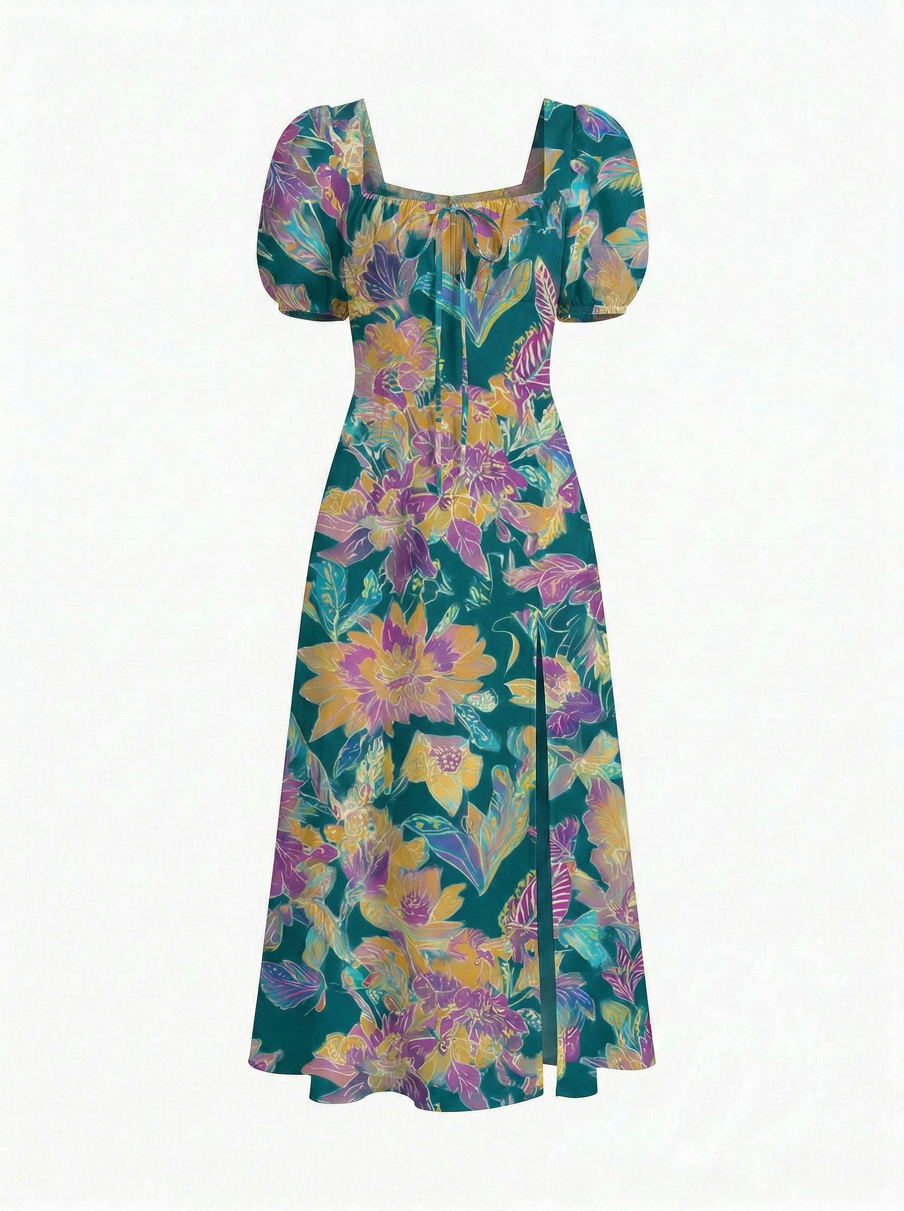 Floral Print Puff Sleeve Tie MidiDress