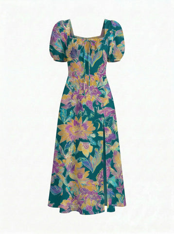 Floral Print Puff Sleeve Tie MidiDress