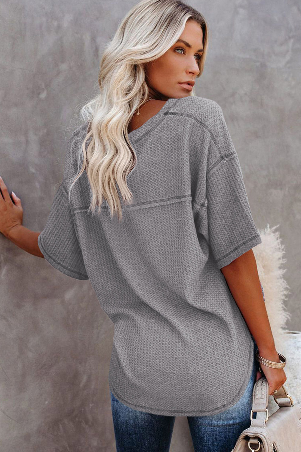 Casual V Neck Waffle Knit Tee