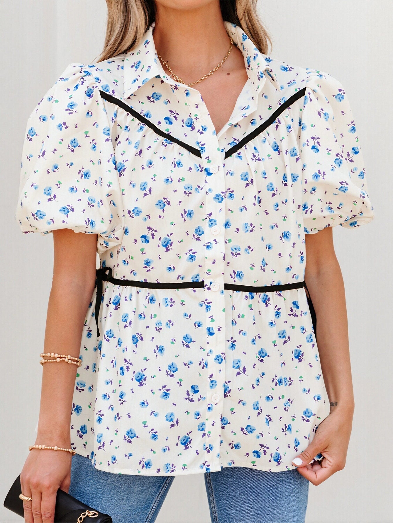Floral Puff Sleeve Button Down Shirt