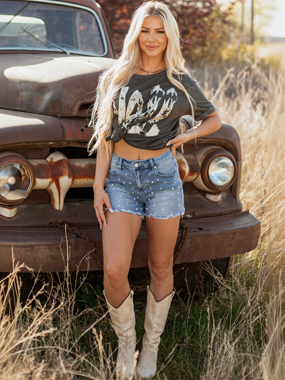 Pearl Embellished Raw Hem Denim Shorts