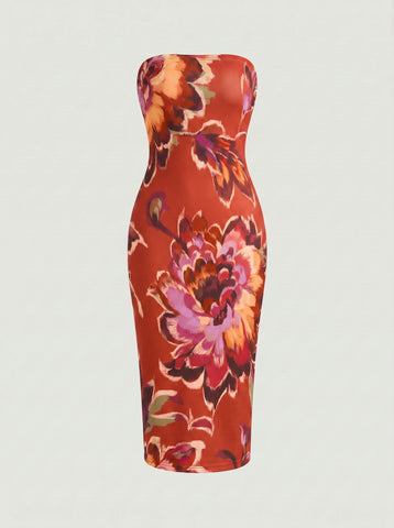 MAIA Floral Print Strapless Sheath Midi Dress