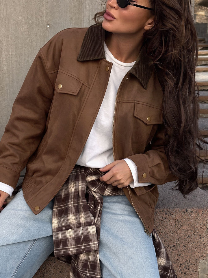 Brown Suede Ribbed Collar Jacket