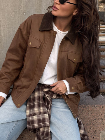 Brown Suede Ribbed Collar Jacket