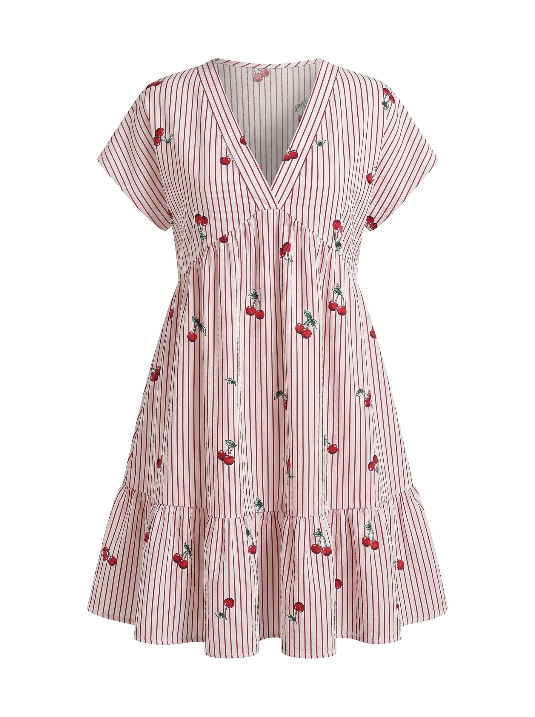 EVA Vintage Cherry Stripe V Neck Tiered Babydoll Mini Dress