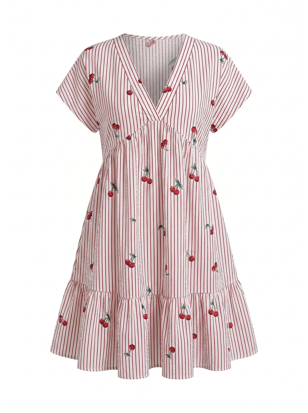 EVA Vintage Cherry Stripe V Neck Tiered Babydoll Mini Dress