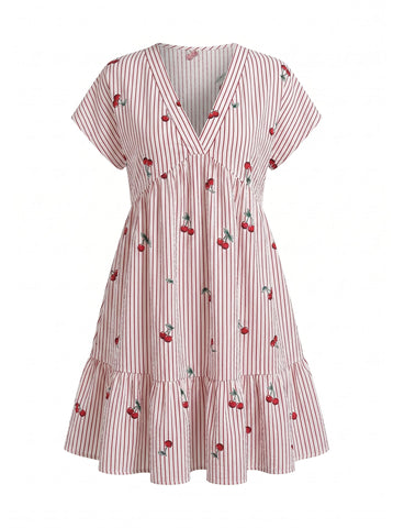 EVA Vintage Cherry Stripe V Neck Tiered Babydoll Mini Dress