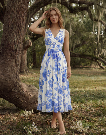 CORINNE
Floral Print V Neck A Line Midi Dress