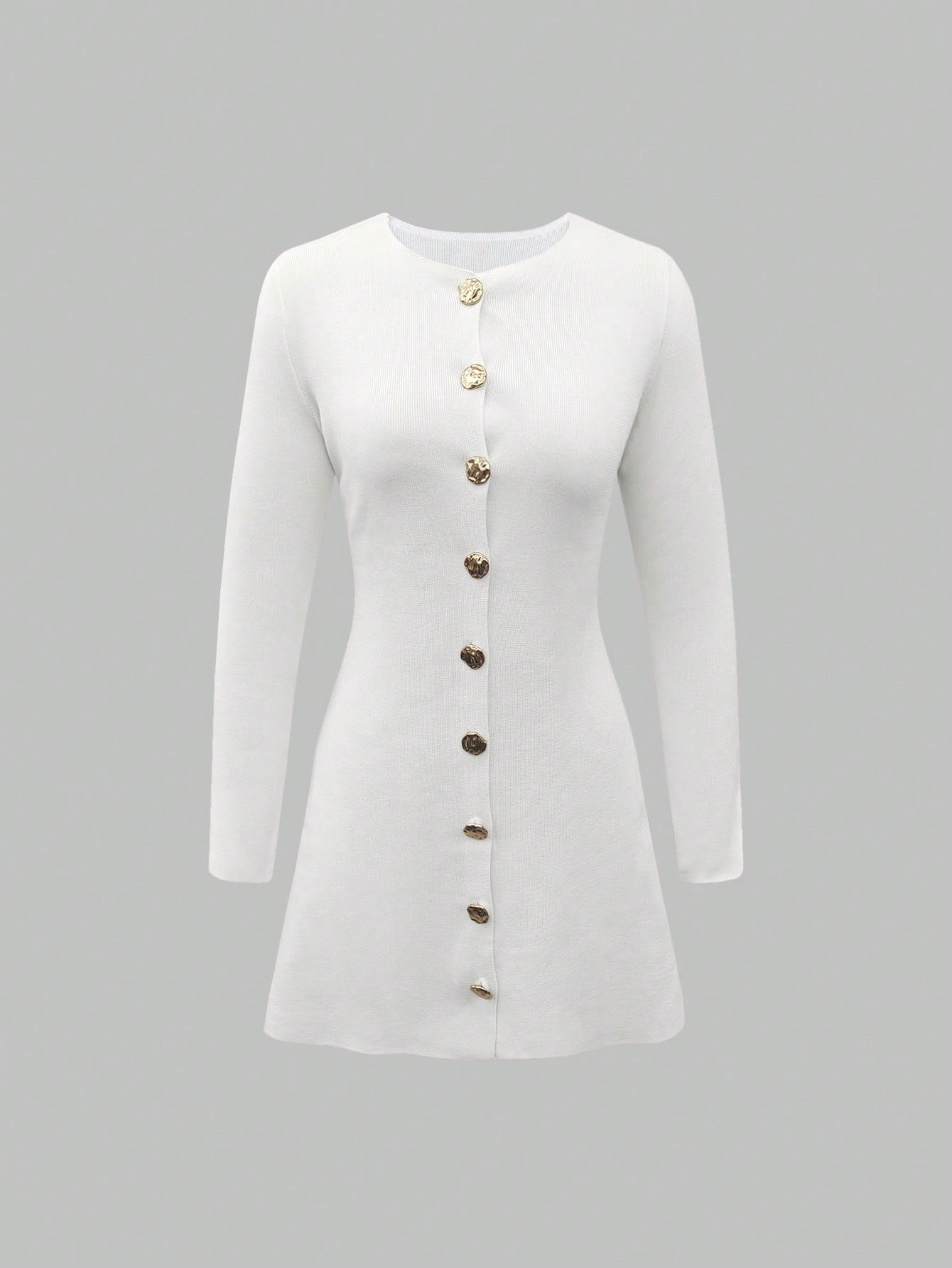 Elegant Gold Button Ribbed Sweater Dress