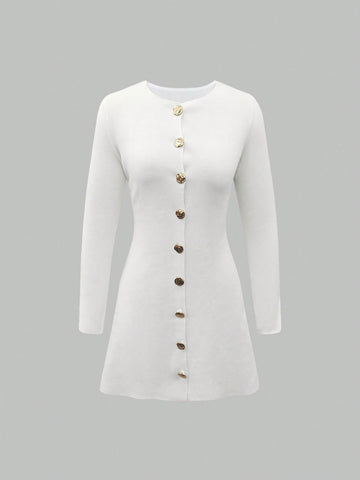 Elegant Gold Button Ribbed Sweater Dress