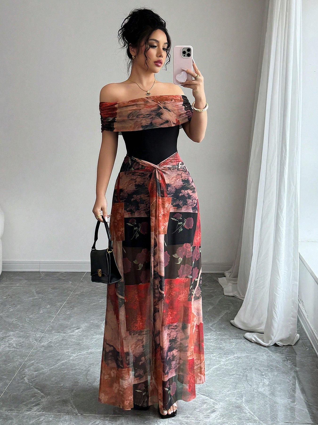 Statement Floral Contrast Top Formal Maxi Dress-Multicolor