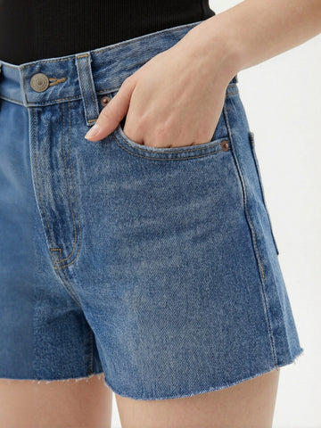 High Rise Raw Hem Denim Shorts