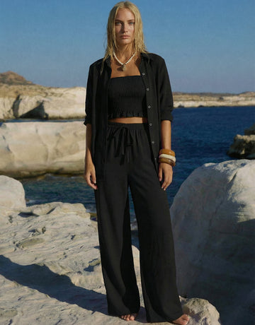 Classic-Collar Shirt Drawstring-Waist Pants Relaxed Set