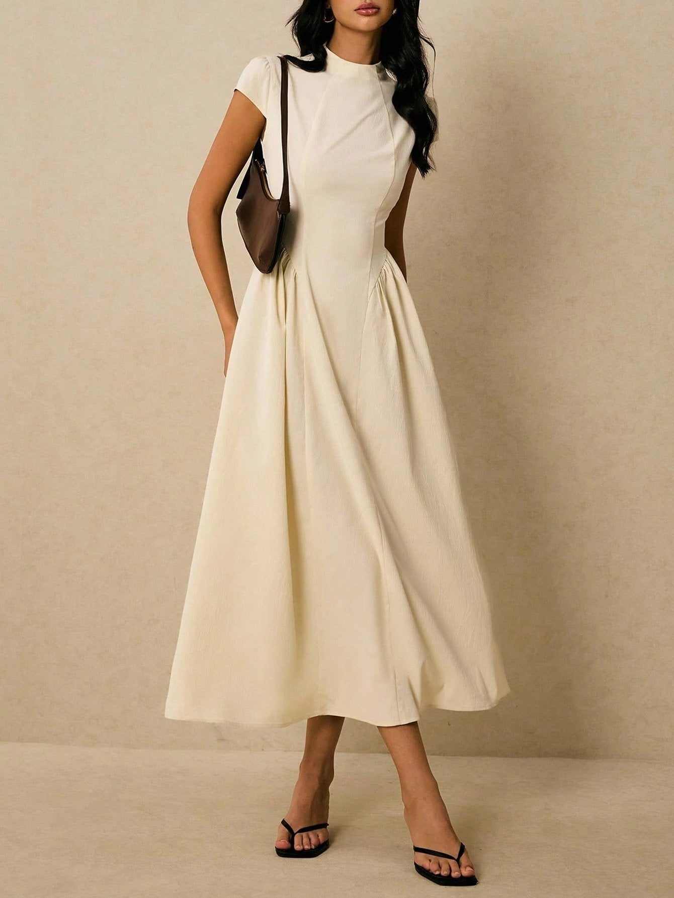 High-Neck Cap-Sleeve Draped Elegant Dress-Cream