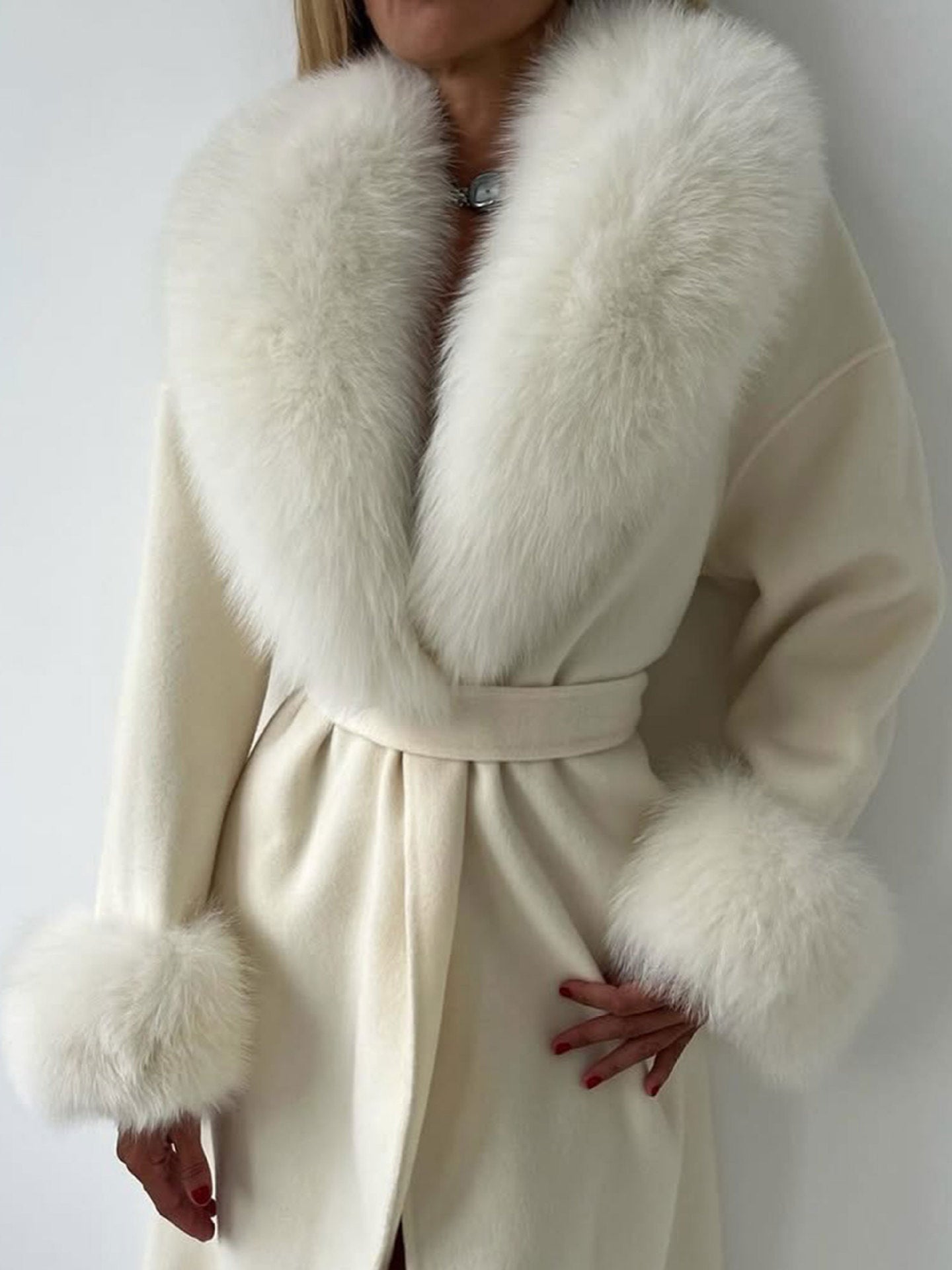 Faux Fur Trim Wool Long Coat