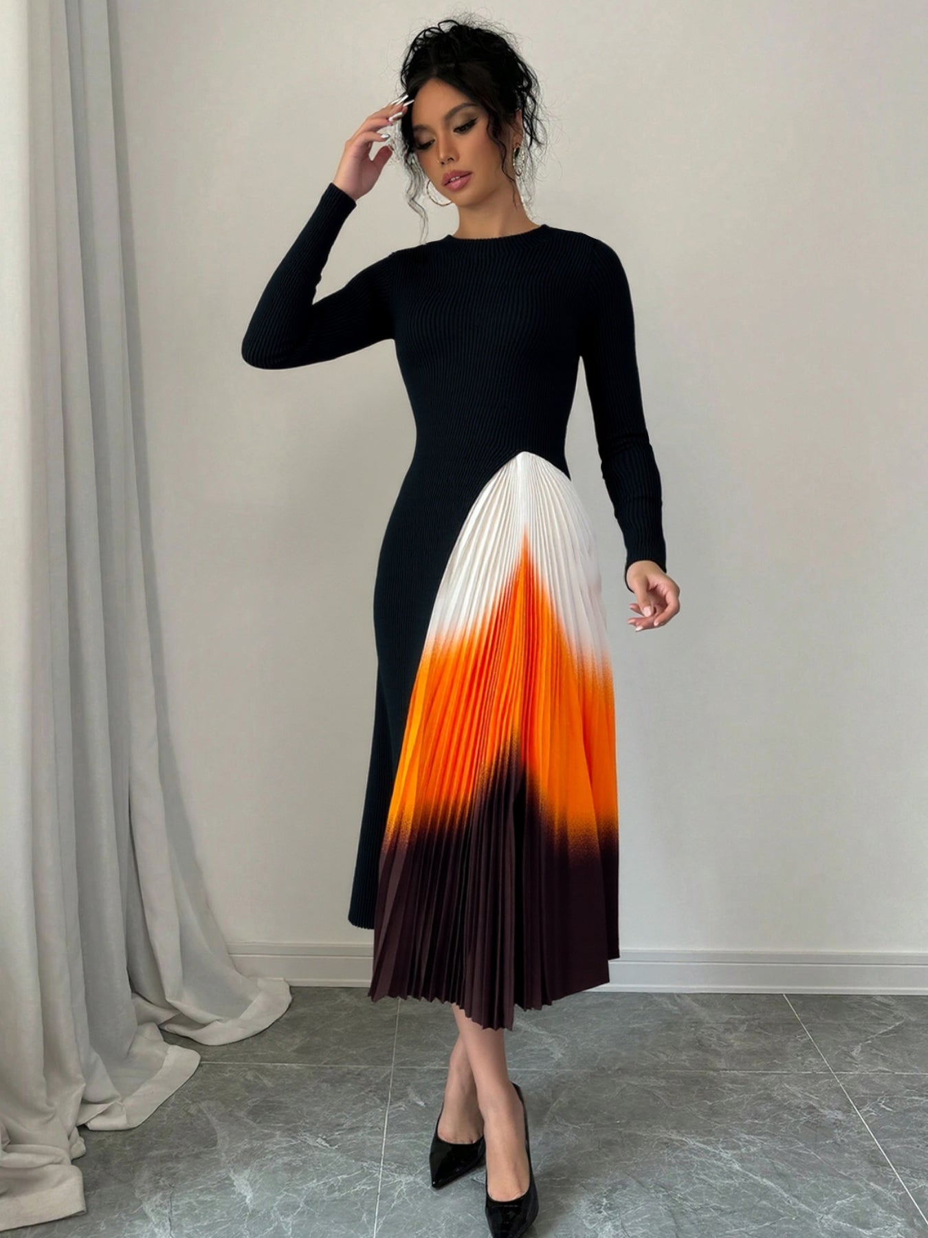 Ribbed Colorblock Pleated Midi Dress