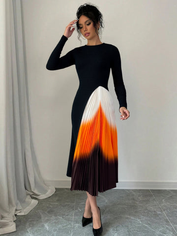 Ribbed Colorblock Pleated Midi Dress