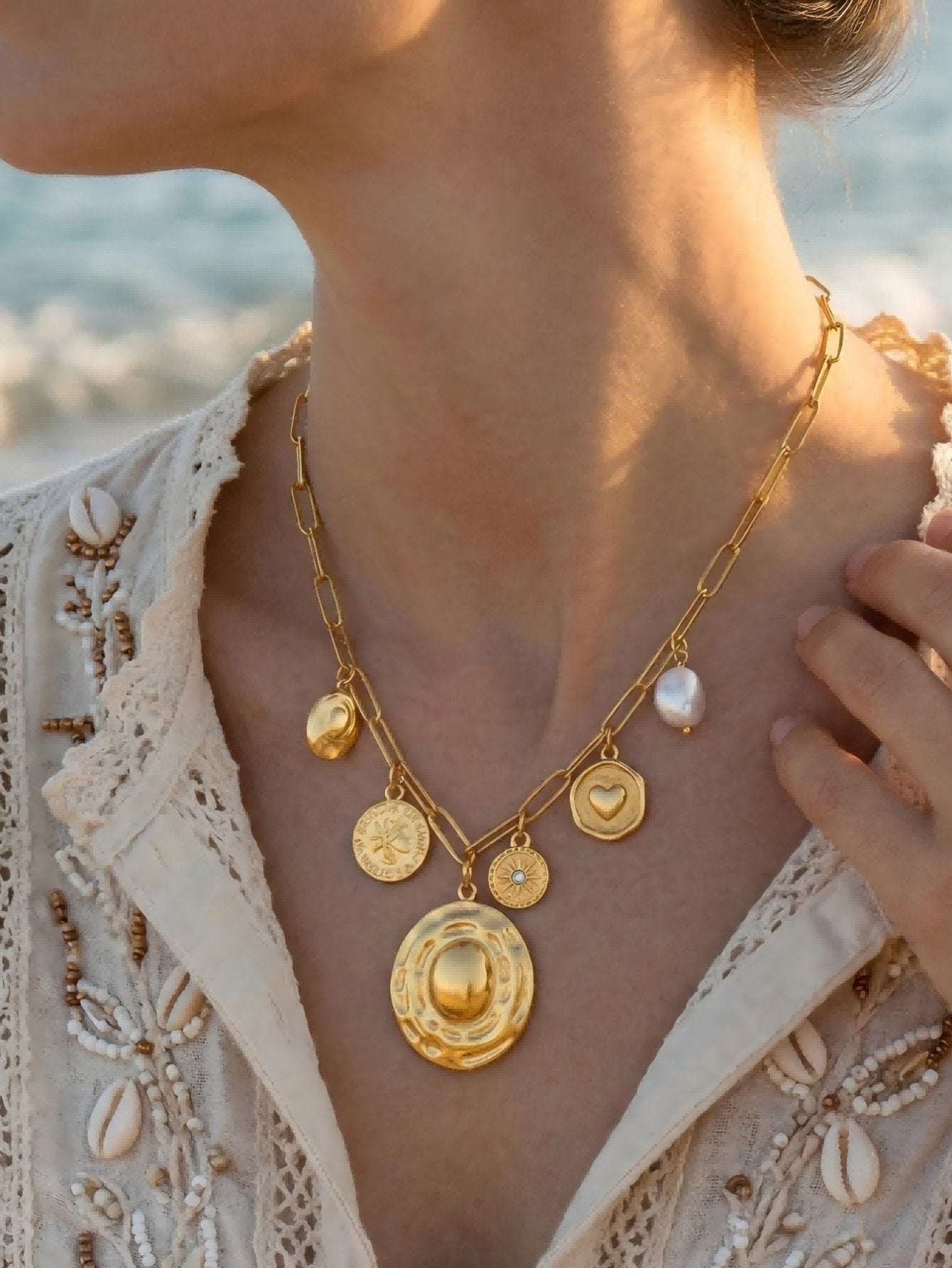 Gold Layered Pearl Charm Necklace