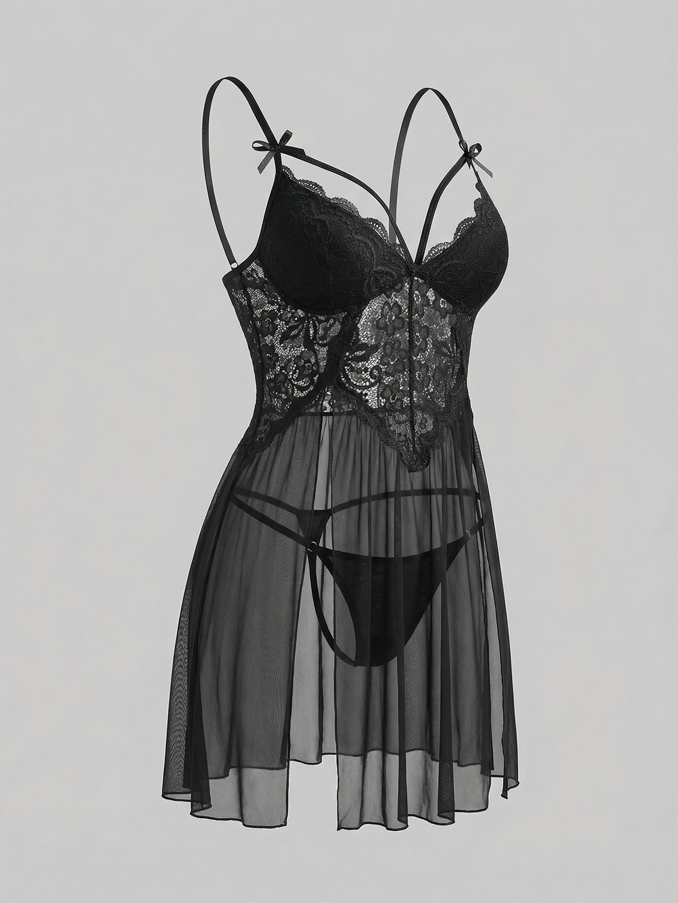 Lace Boudoir NightgownRuffle Trim Boudoir Nightgown - Black-Multicolor