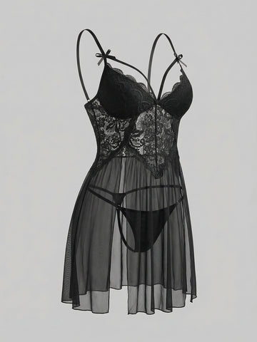 Lace Boudoir NightgownRuffle Trim Boudoir Nightgown - Black-Multicolor