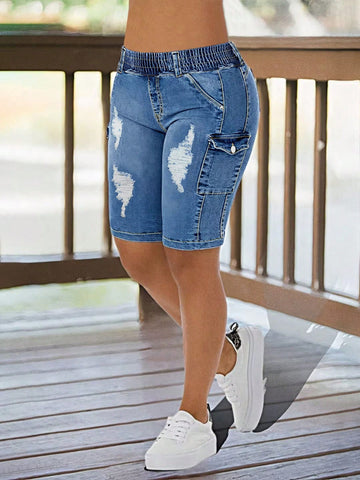 Elastic-Waist Distressed Relaxed Denim Shorts-Light Blue