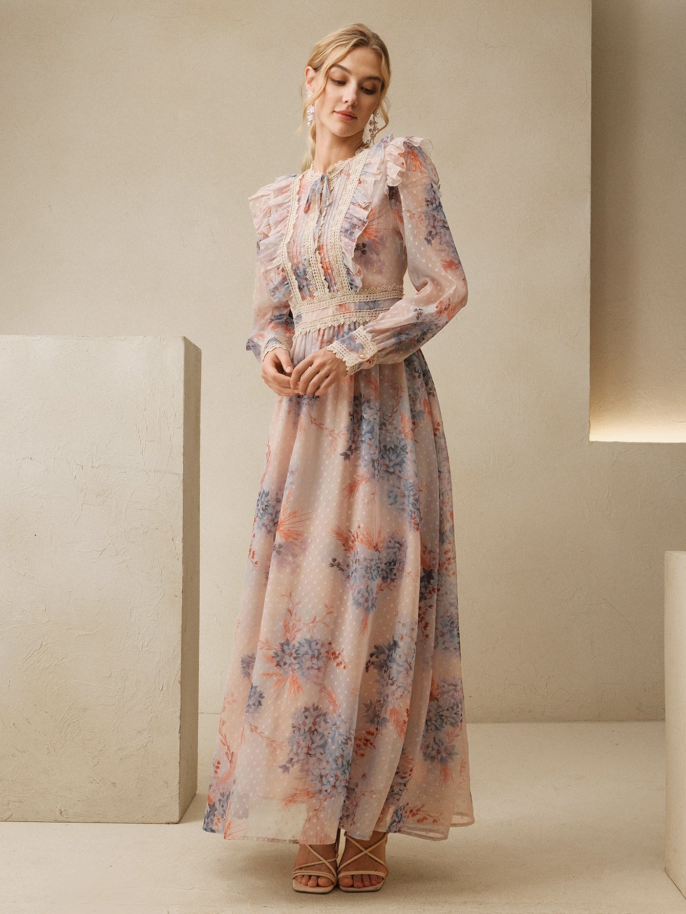 Ruffled Lace Floral Chiffon Maxi Dress