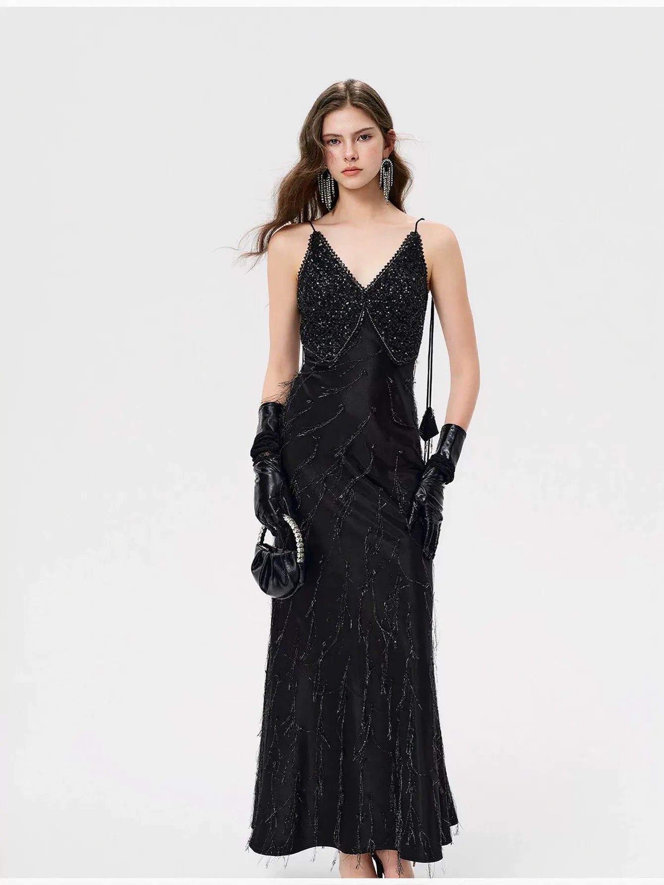 Embellished Satin V Neck Maxi Dress