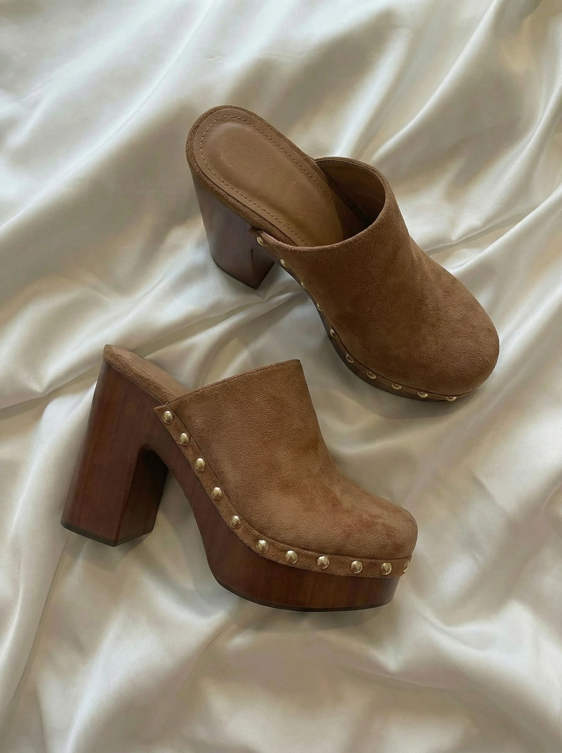 Wooden Heel Studded Edgy Heels