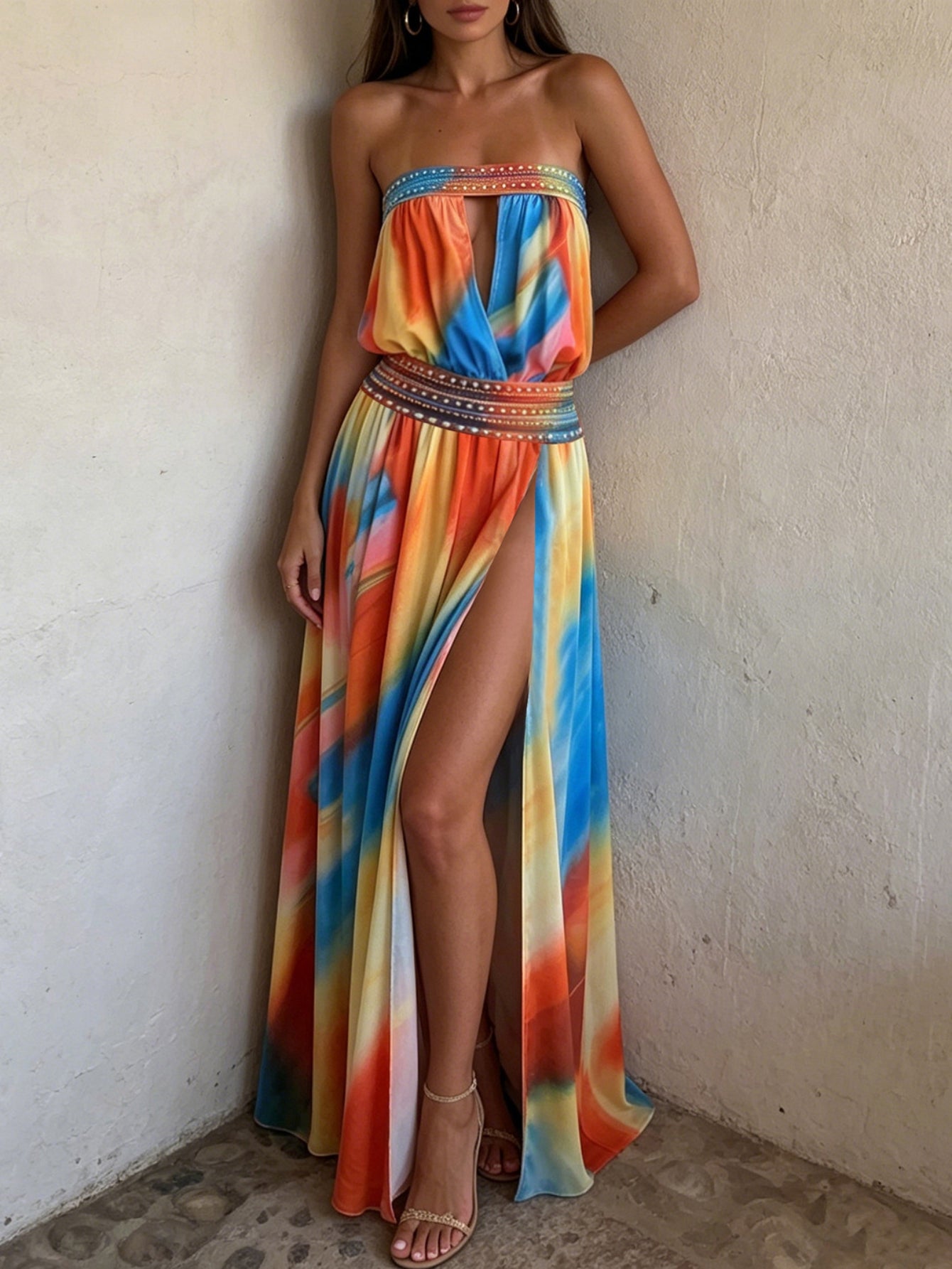 Strapless Tie Dye High Slit Dress