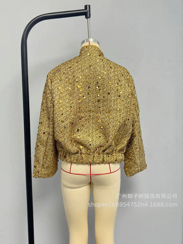 Shimmering Tweed Stand Collar Jacket